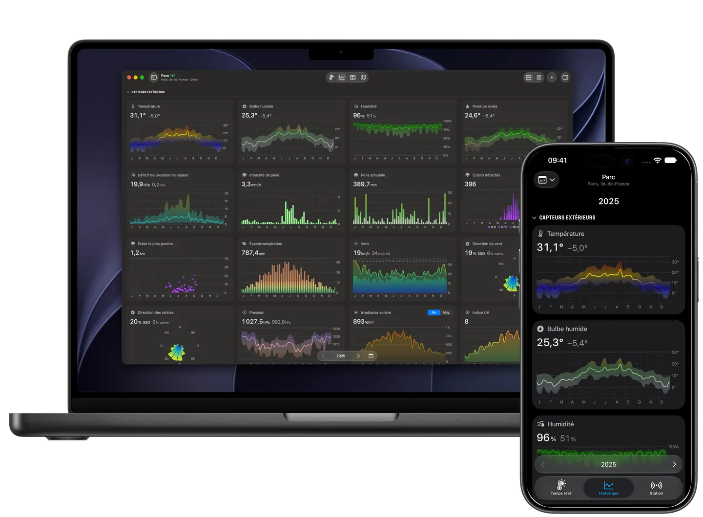 Graphiques de la vue Historique de Weather Fusion