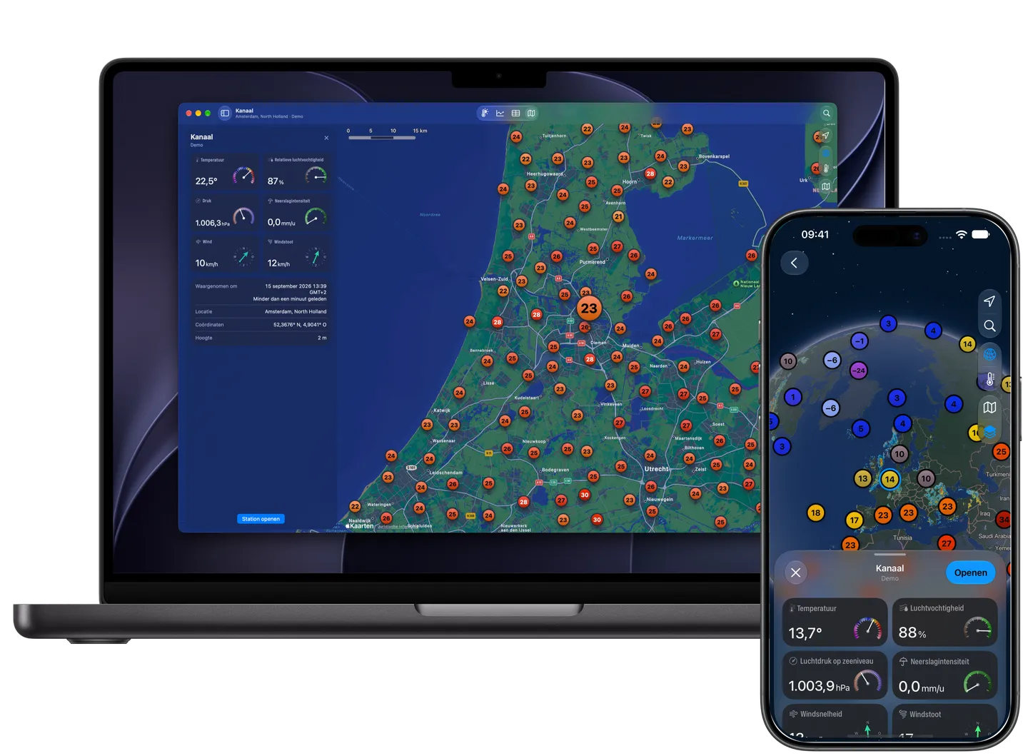 Kaart van Weather Fusion met weerstations