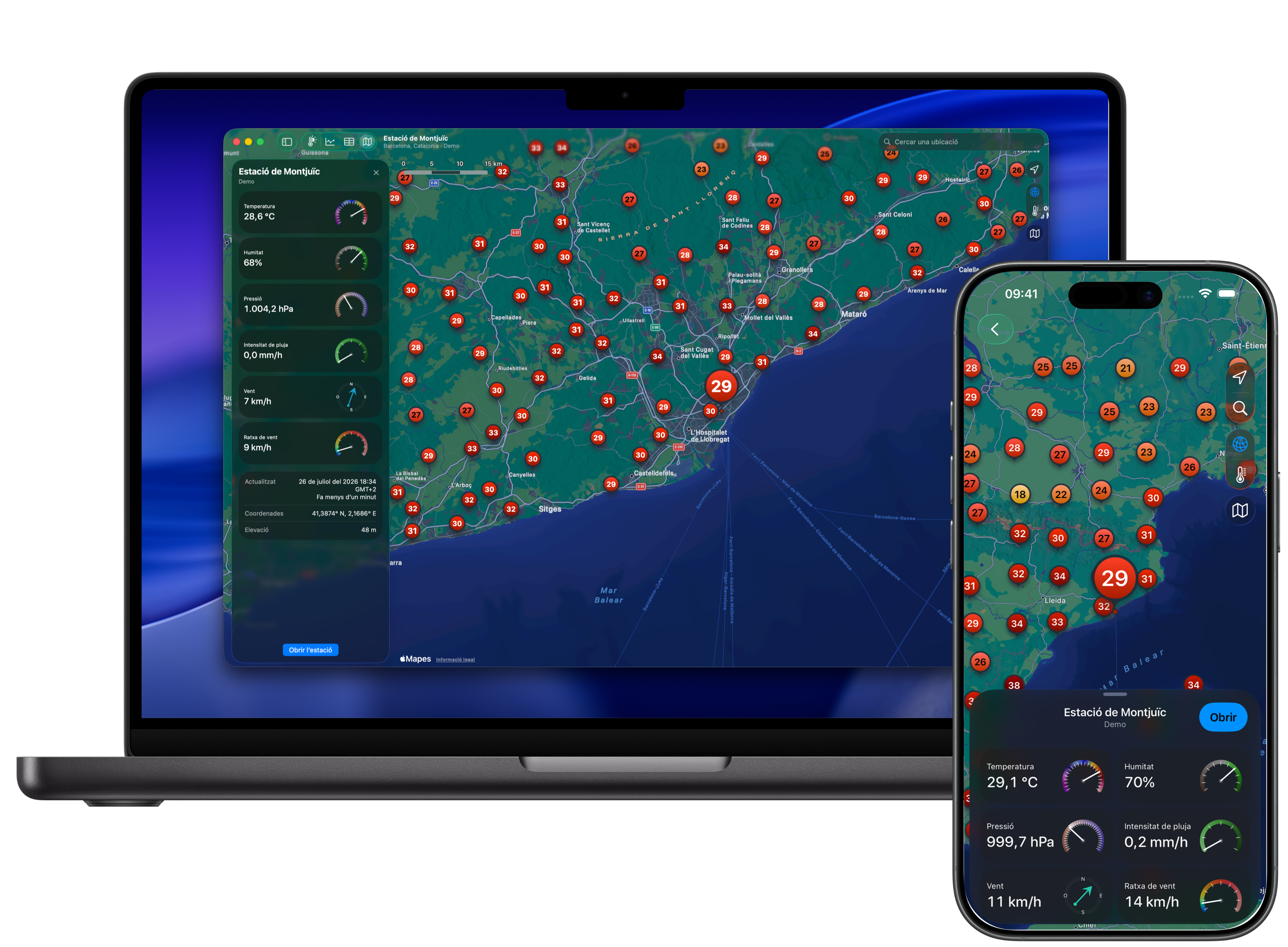 Mapa de Weather Fusion amb estacions meteorològiques