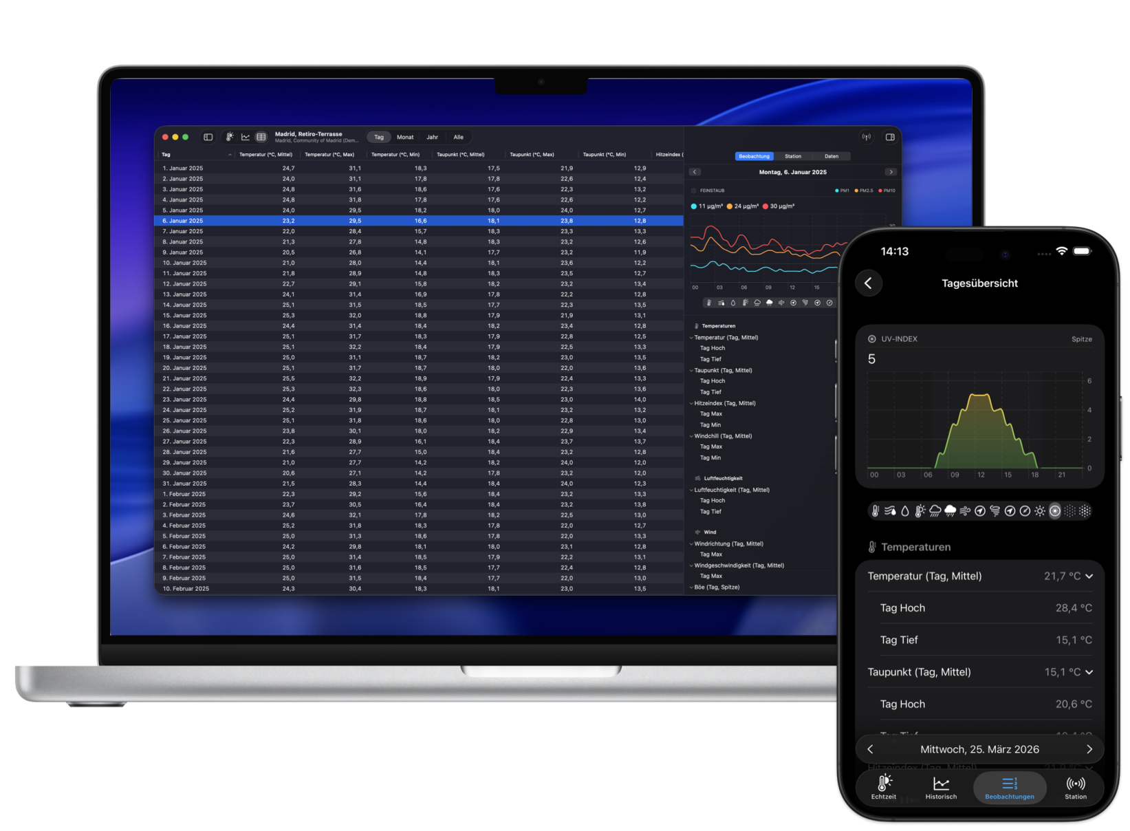 Screenshot des Beobachtungsarchivs von Weather Fusion
