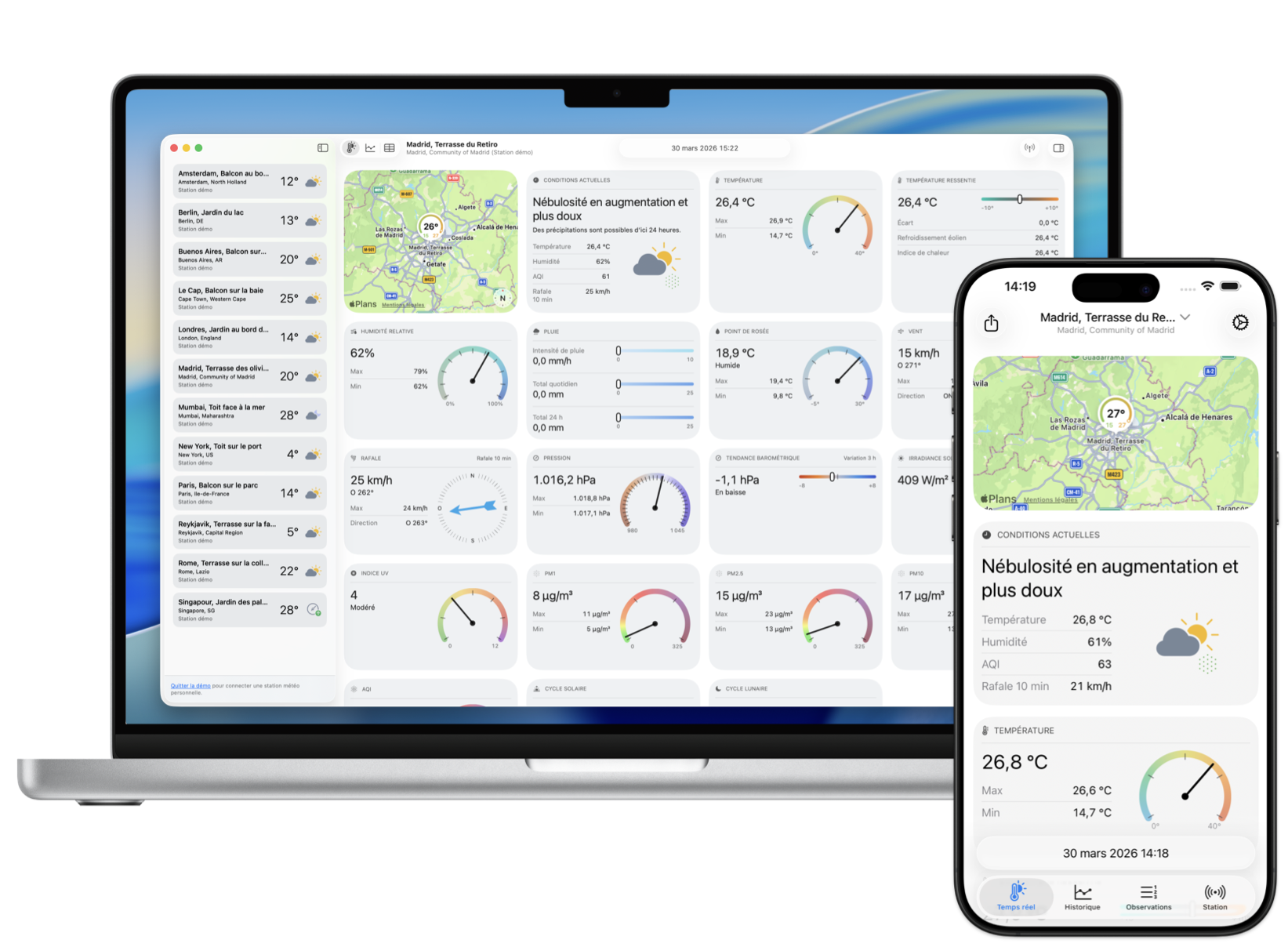 Capture d’écran du tableau de bord Temps réel de Weather Fusion