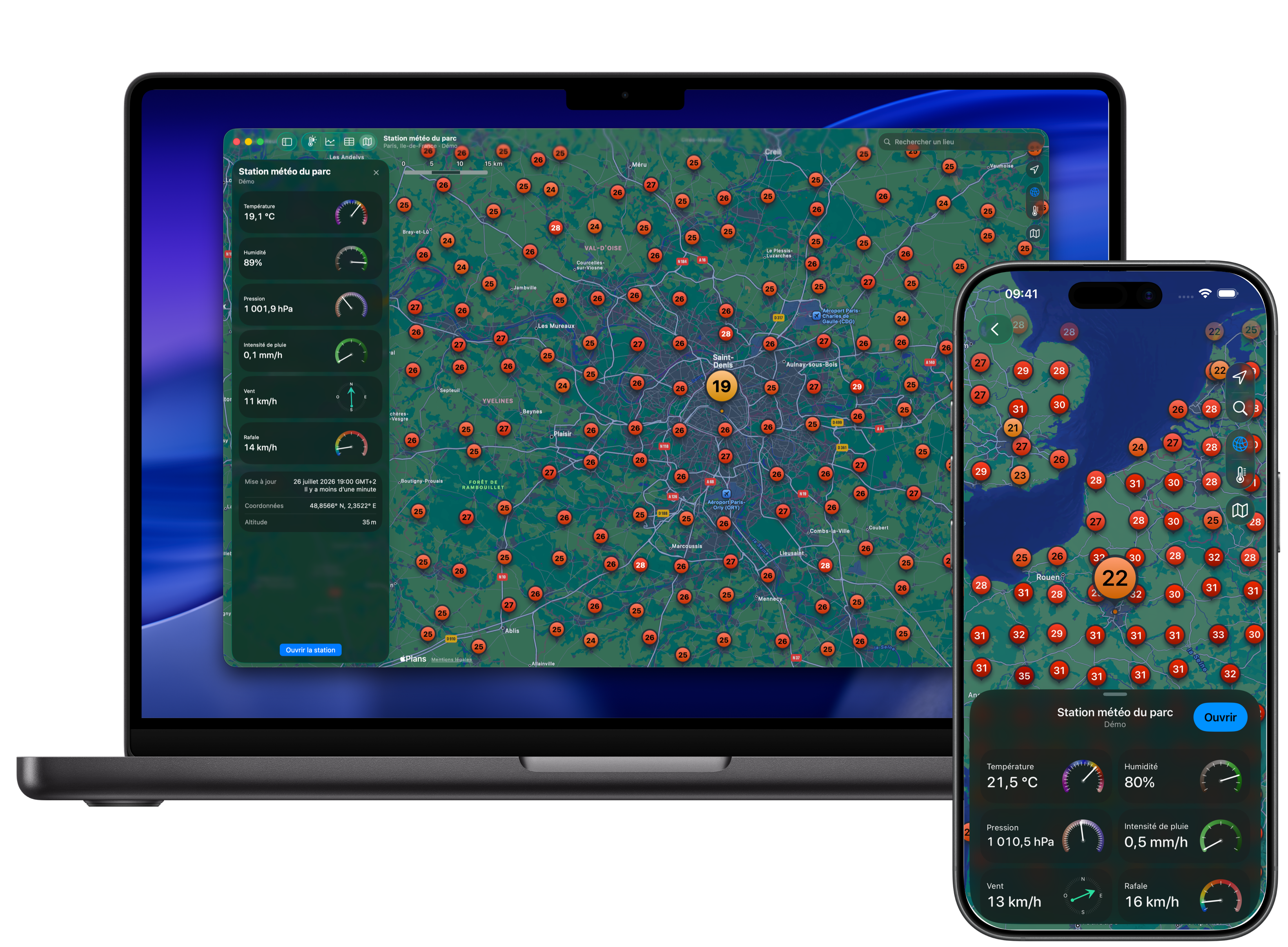 Carte Weather Fusion avec des stations météo