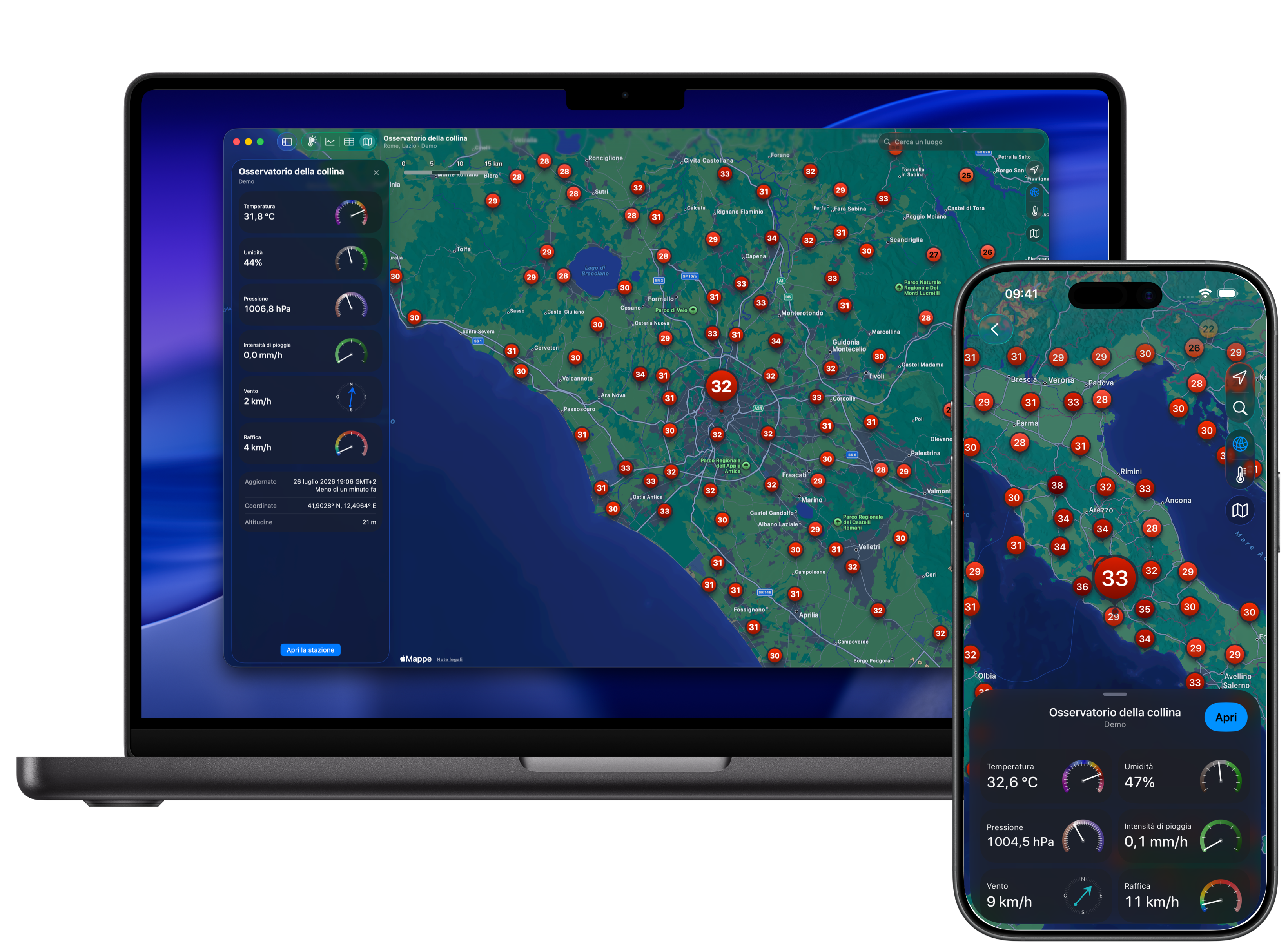 Mappa di Weather Fusion con stazioni meteo