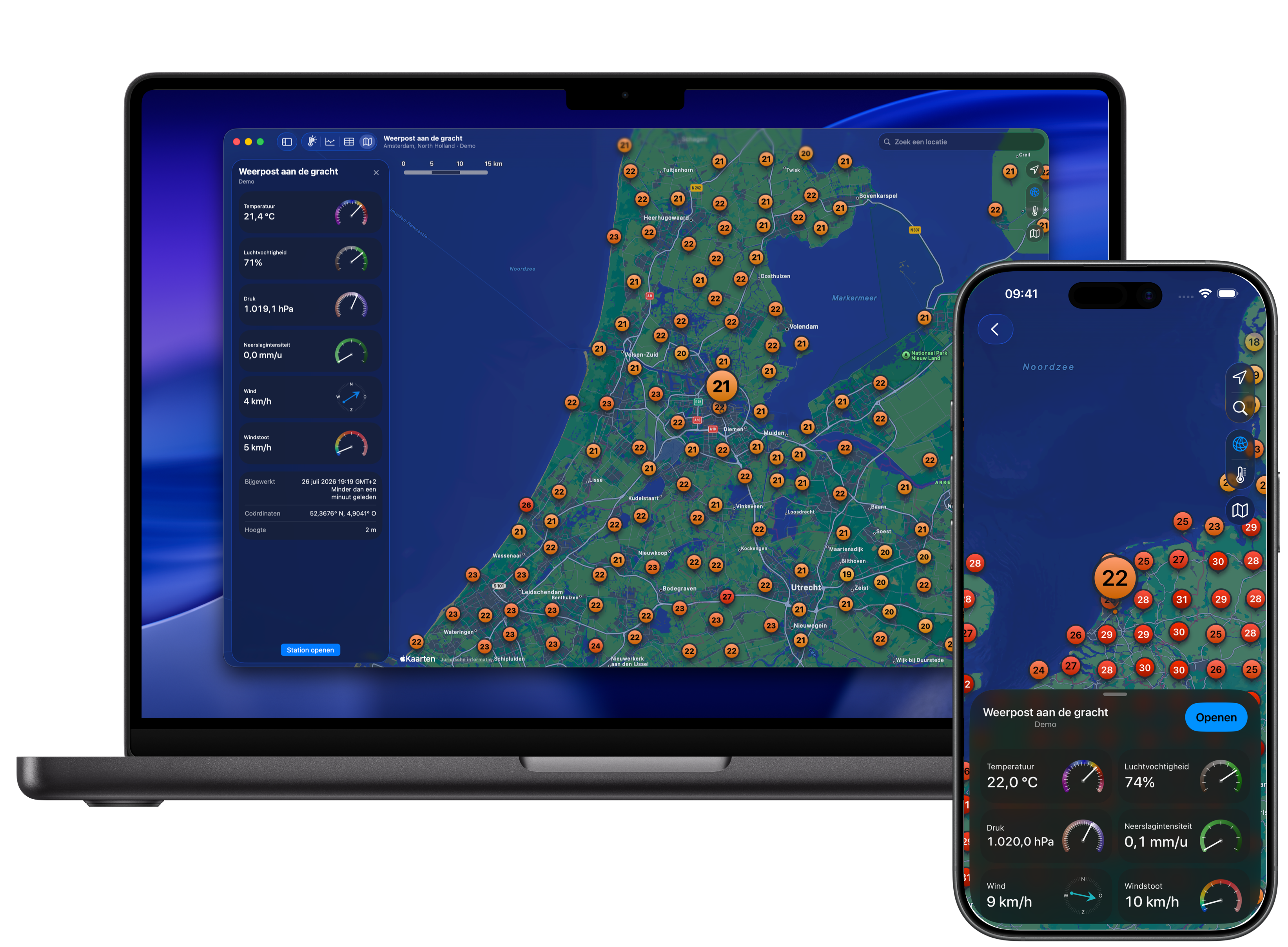 Kaart van Weather Fusion met weerstations