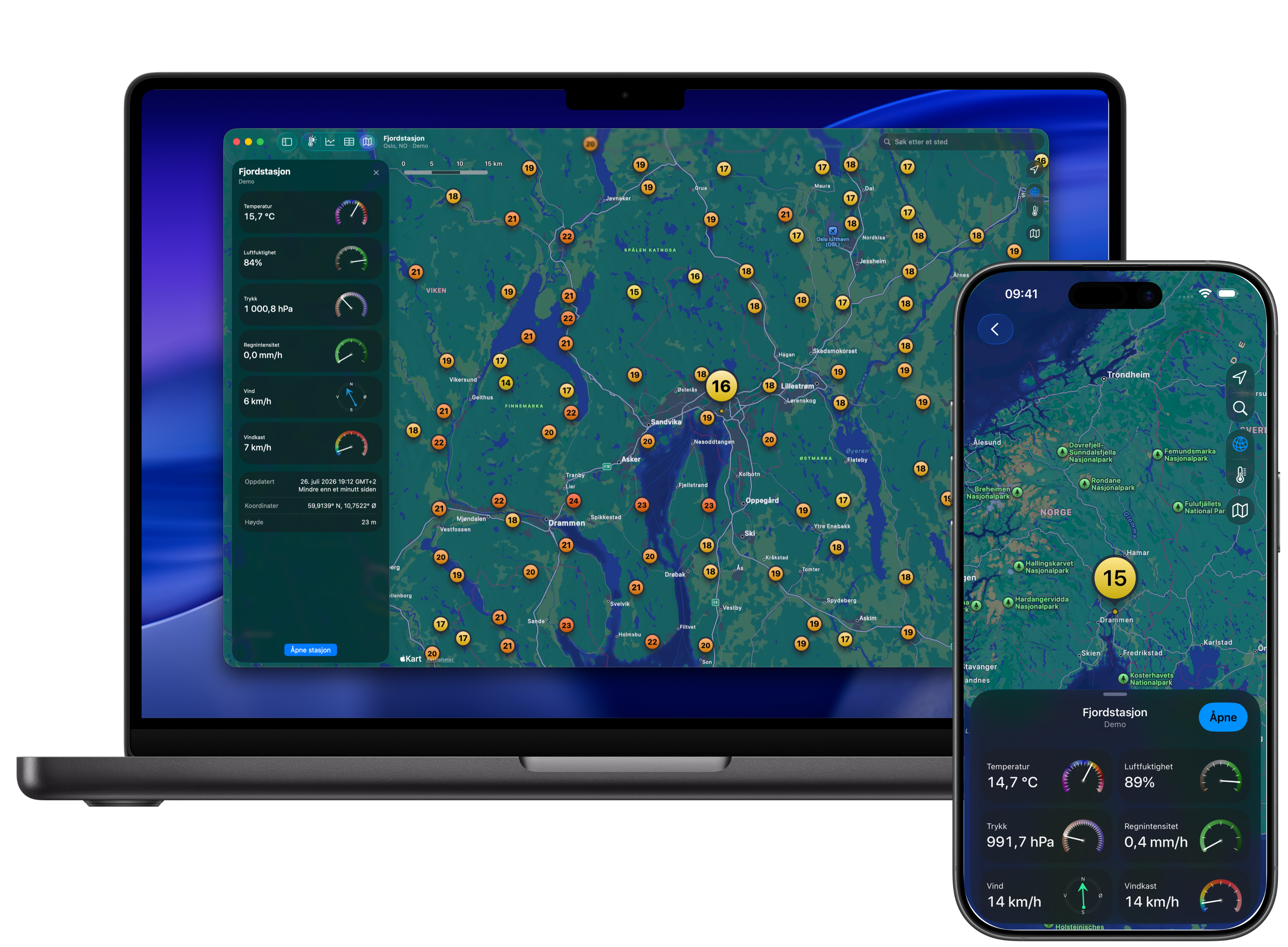 Weather Fusion-kart med værstasjoner