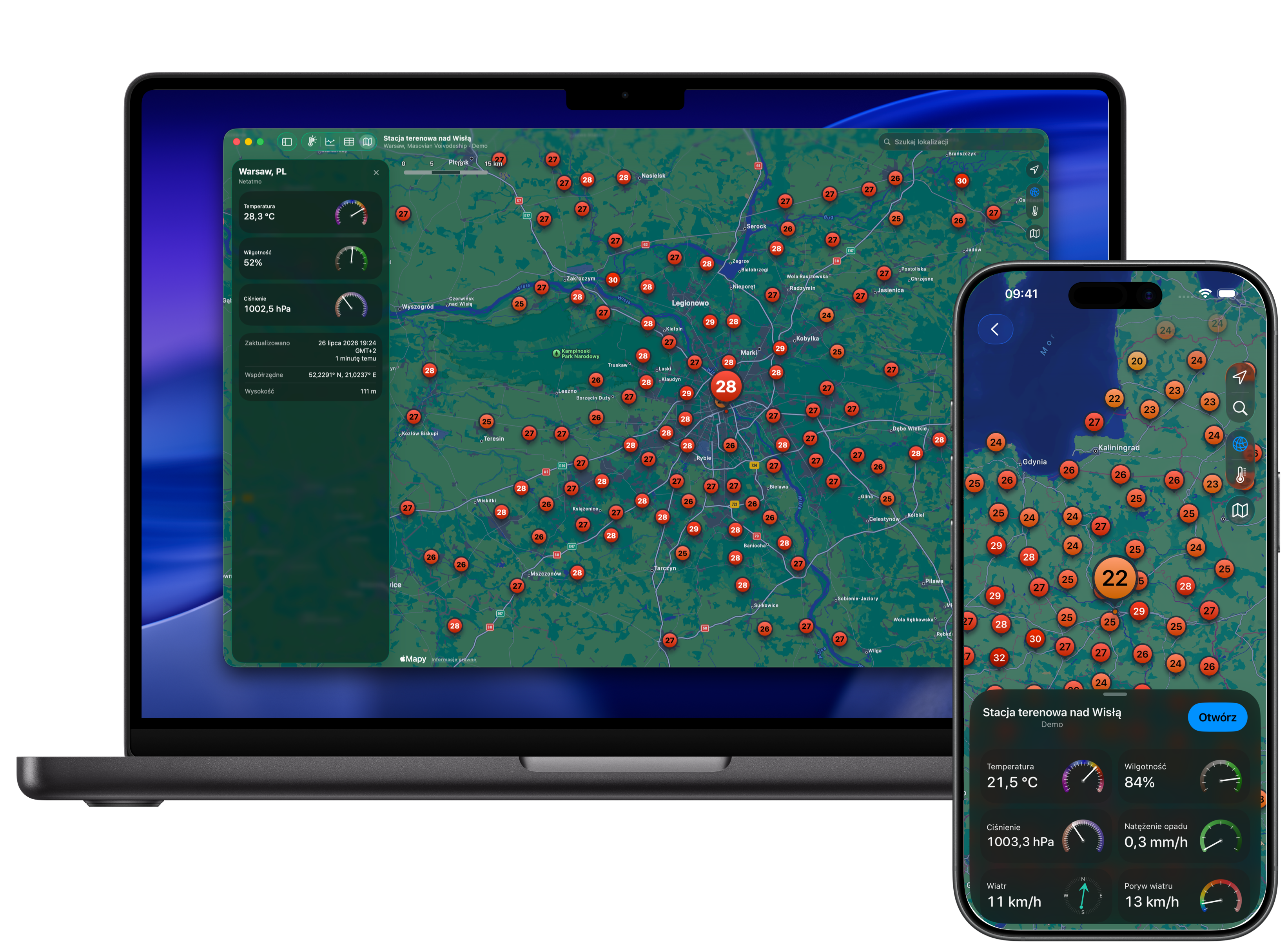 Mapa Weather Fusion ze stacjami pogodowymi