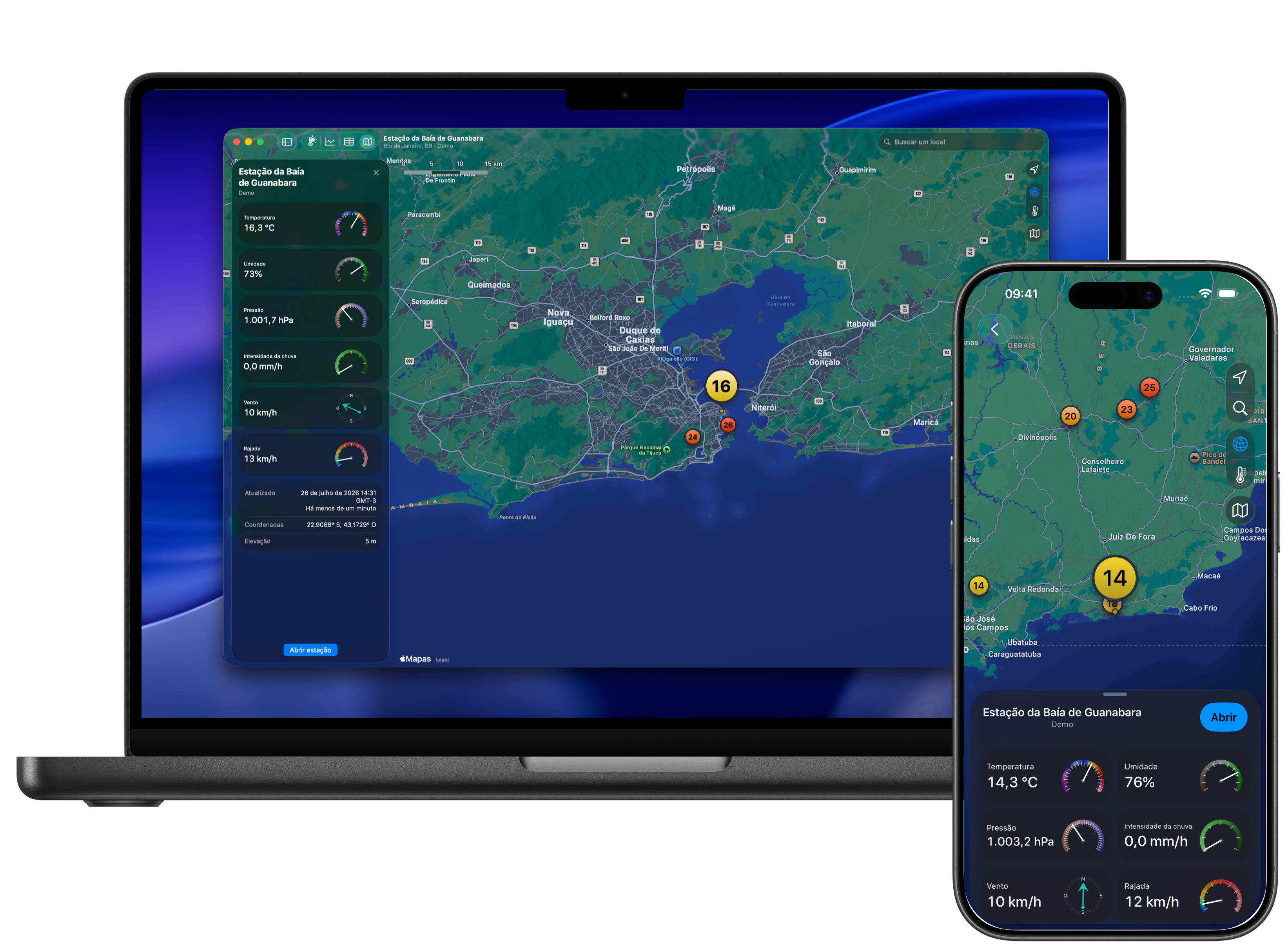 Mapa do Weather Fusion com estações meteorológicas