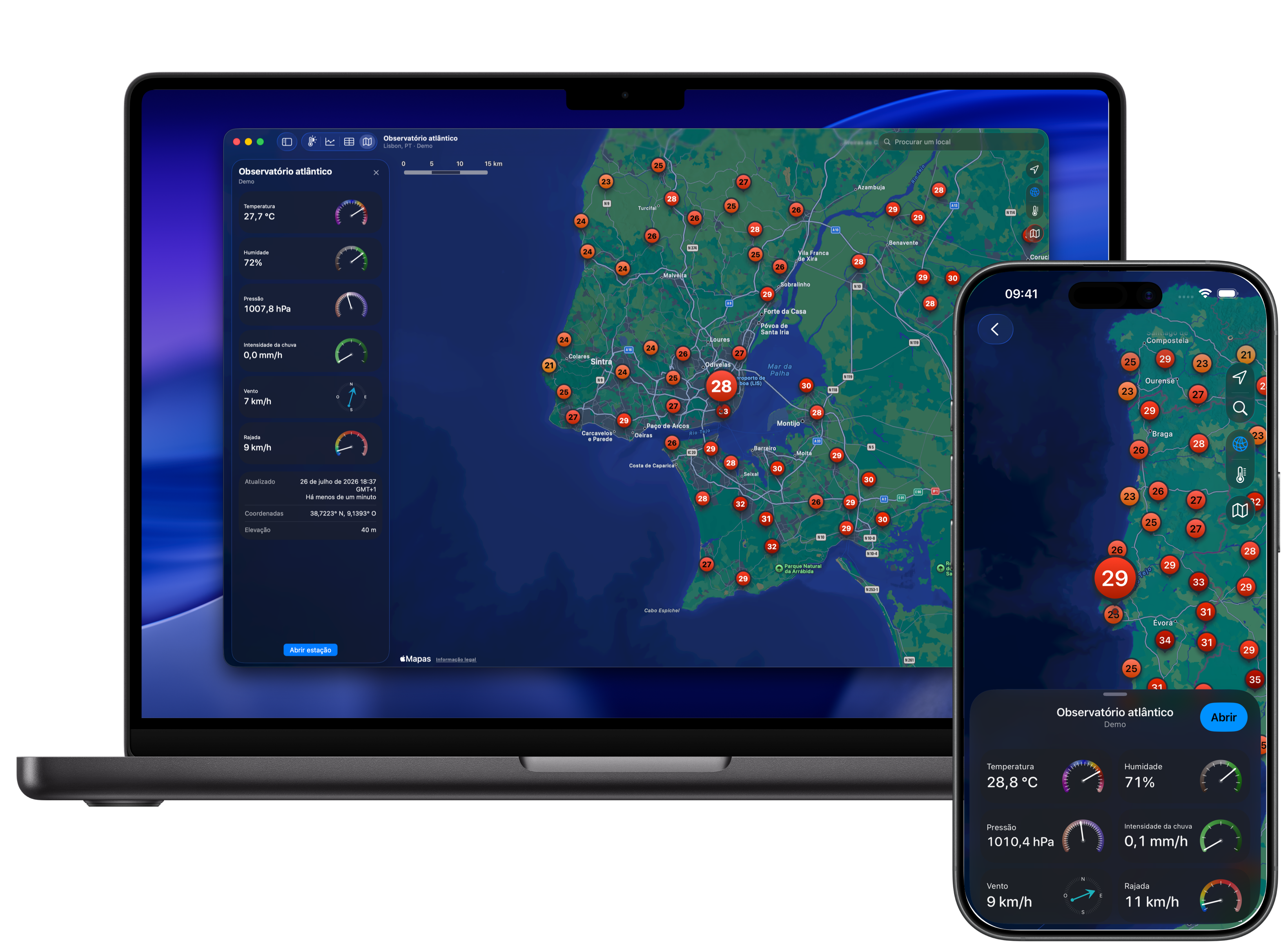 Mapa do Weather Fusion com estações meteorológicas