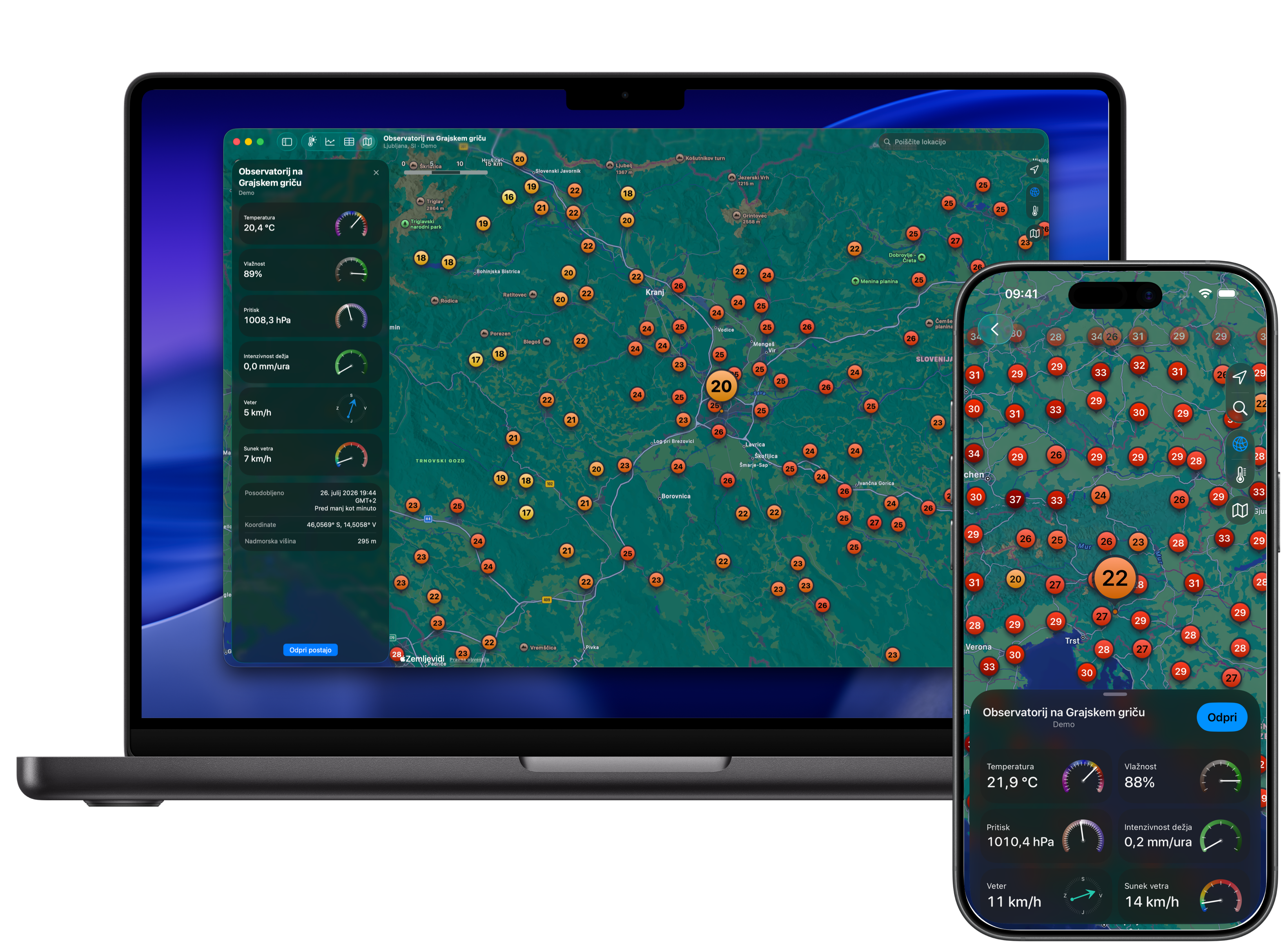 Zemljevid Weather Fusion z vremenskimi postajami